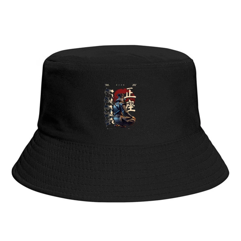 Kneeling Samurai Warrior with Traditional Japanese Calligraphy Bucket Hat