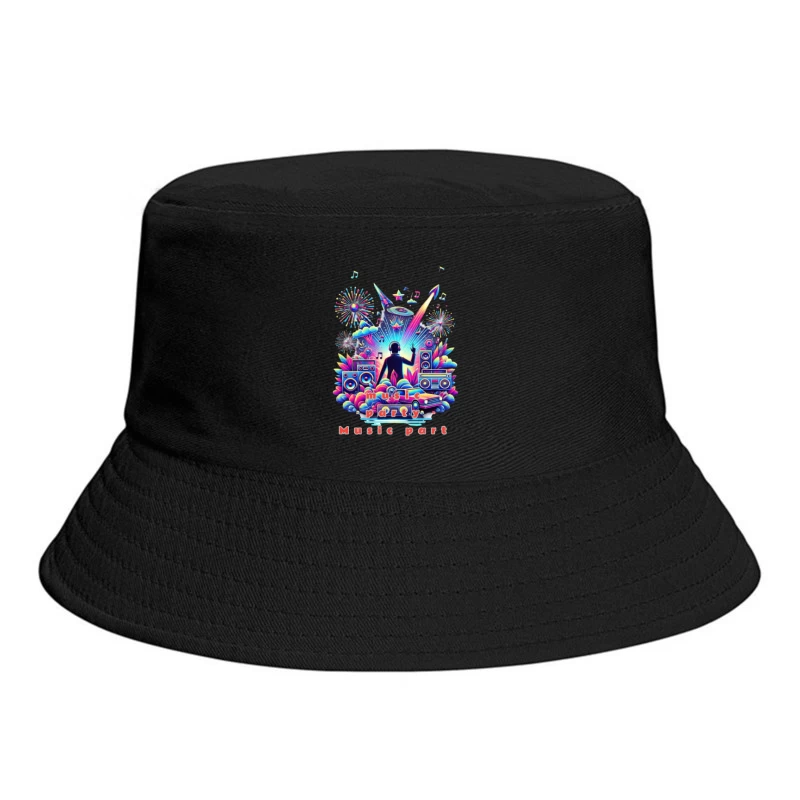 Neon Retro DJ Music Party Illustration Bucket Hat