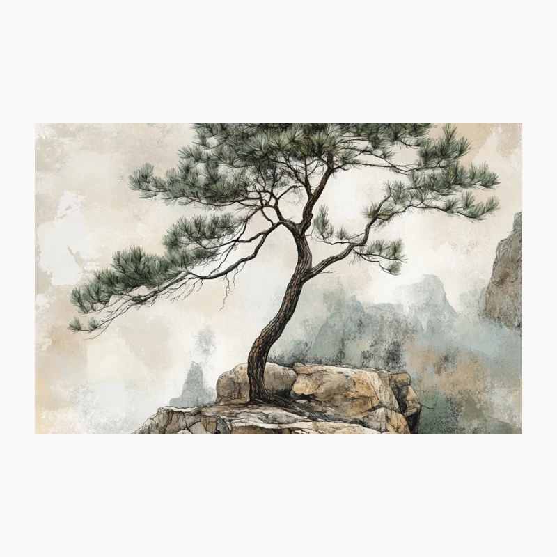 Solitary Pine on Misty Mountain Cliff: Tranquil Asian Watercolor Landscape Travel Mug