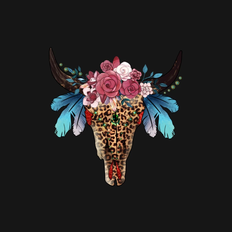 Verzierter Stierschädel mit Blumen und Federn Herren T-Shirt
