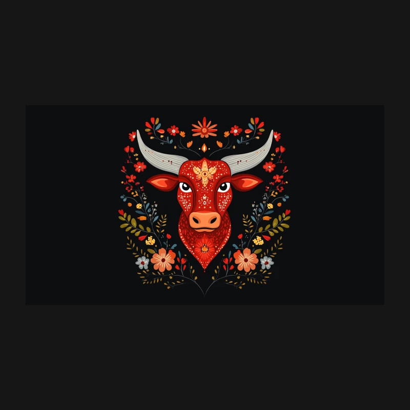 Vibrant Folk Art Bull with Floral Symmetry Desk Mat