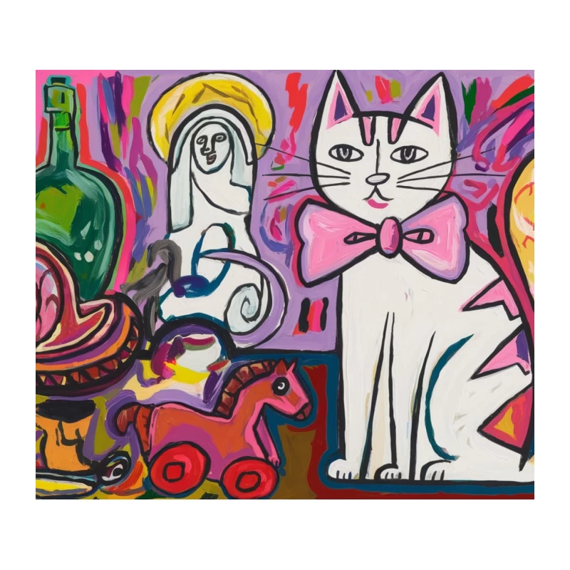 Whimsical Abstract Pop Art with Cat and Figurative Elements Tapestry