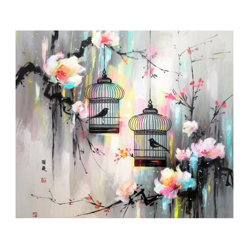 Ethereal Asian-Inspired Painting with Bird Cages and Cherry Blossoms Tapestry