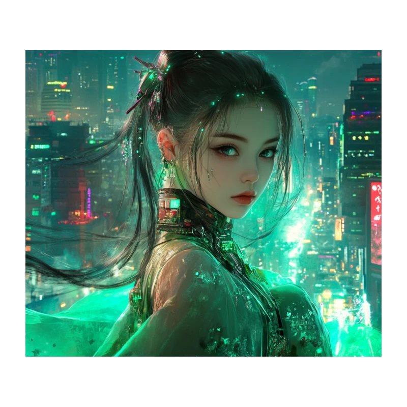 Cyberpunk Portrait in a Neon-Lit Futuristic Metropolis Tapestry