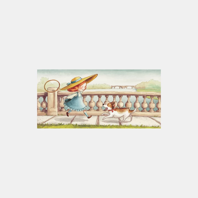 Whimsical Stroll: Girl and Dog's Riverside Adventure Male Tank Top