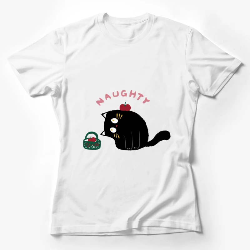 Verspielte schwarze Katze mit Apfel Damen T-Shirt