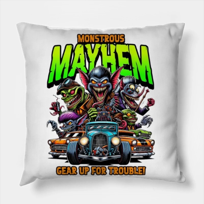 Monstrous Mayhem: Hot Rod Monsters Racing Retro Design Throw Pillow