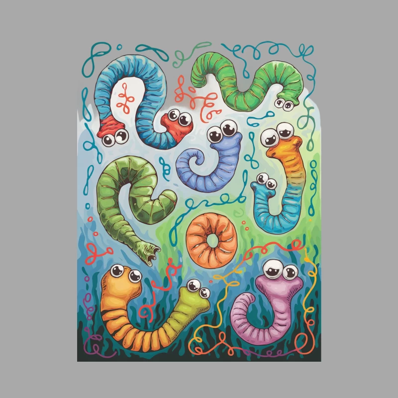 Whimsical Underwater World of Colorful Cartoon Worms Male Pullover Hoodie