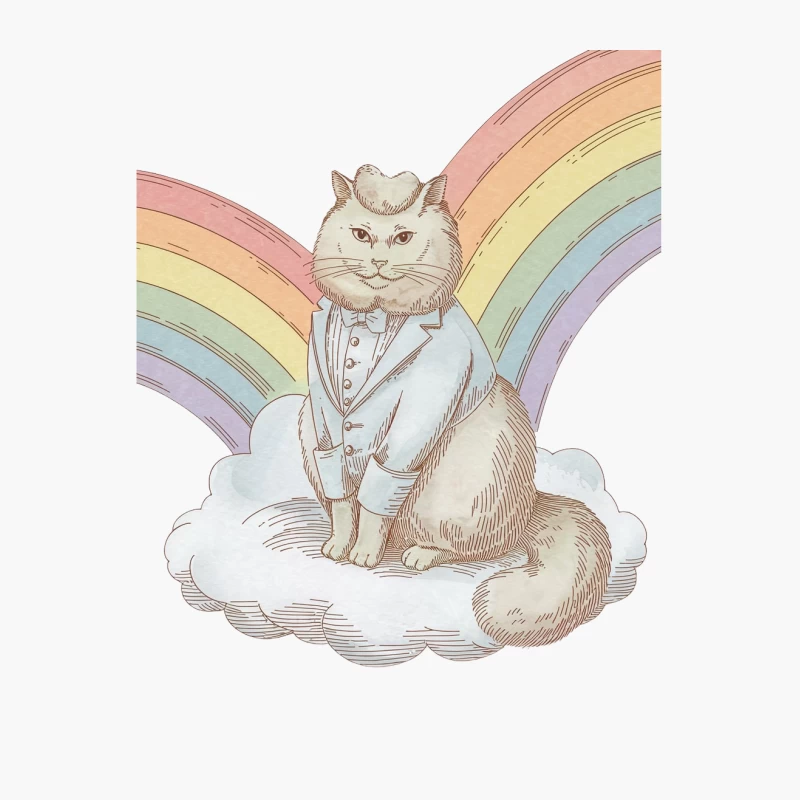 Whimsical Illustration of Anthropomorphic Cat on Cloud with Rainbow Cotton Tote Bag