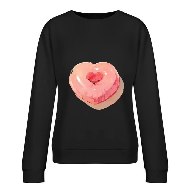 Pink Heart-Shaped Glazed Donut Digital Illustration Female Pullover Sweatshirt