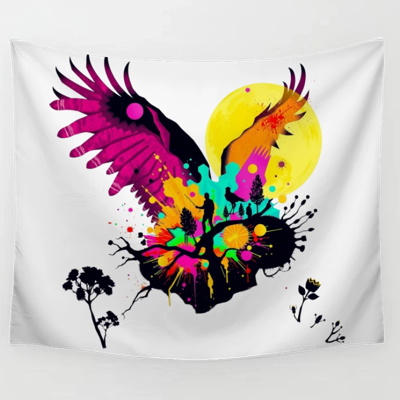 Vibrant Abstract Eagle Silhouette Under Moonlight Tapestry