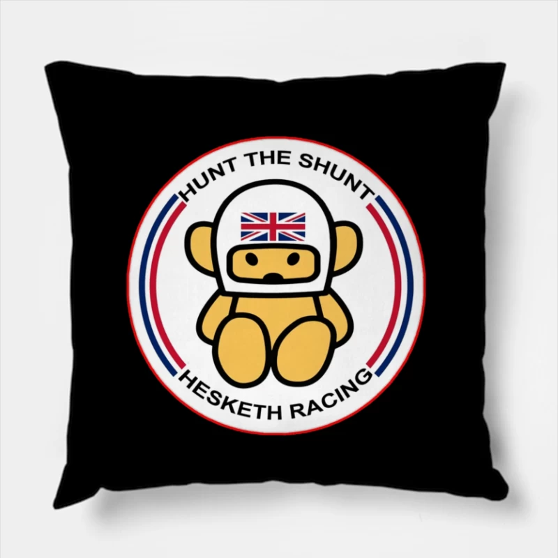 Hesketh Racing "Hunt the Shunt" Retro Motorsport Logo with British Bear Mascot Throw Pillow