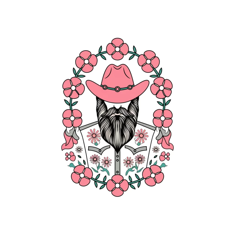 Bearded Cowboy in Pink: Floral Western Illustration Tapestry