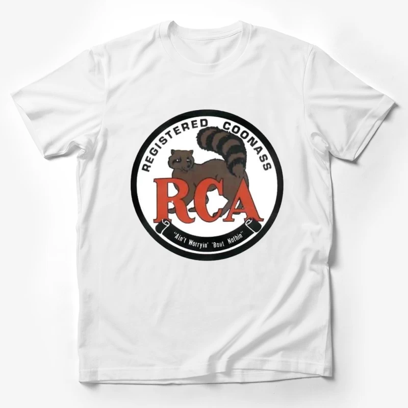 Registered Coonass RCA Logo with Raccoon Mascot and Humorous Slogan Male T-Shirt