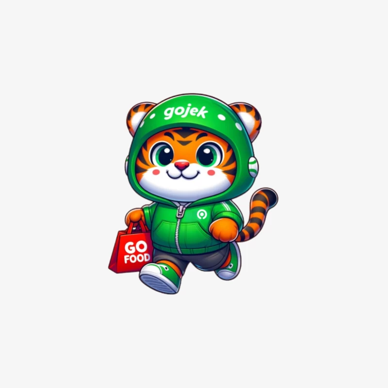 Niedliches Tiger-Maskottchen von Gojek mit GoFood-Tasche Herren Langarm T-Shirt