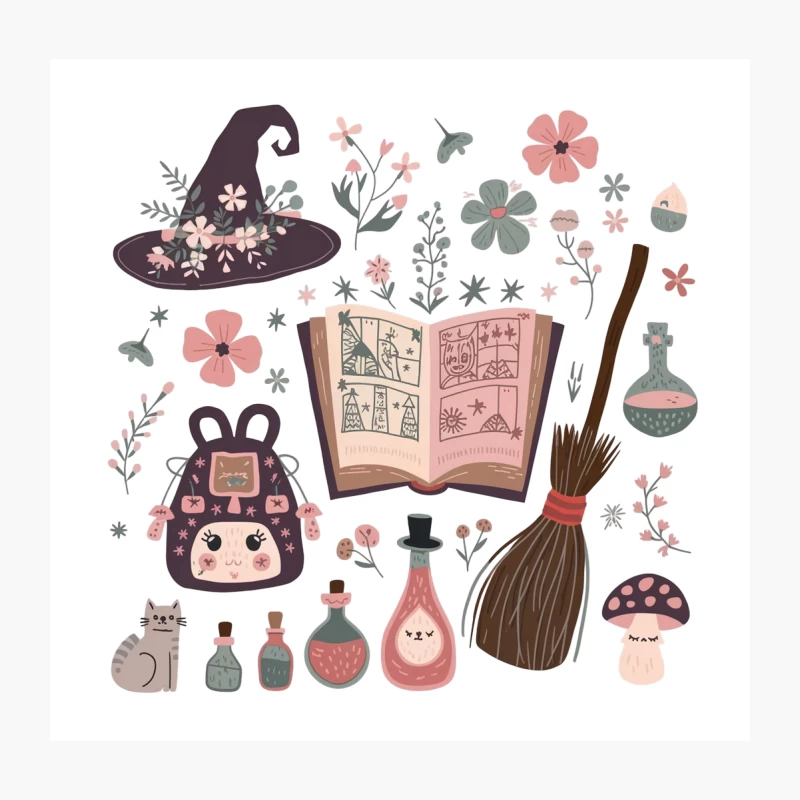 Whimsical Witchcraft Essentials with Cute Accessories Throw Pillow