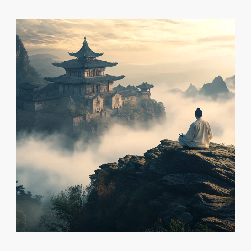 Serene Meditation at Misty Mountain Temple at Dawn Throw Pillow