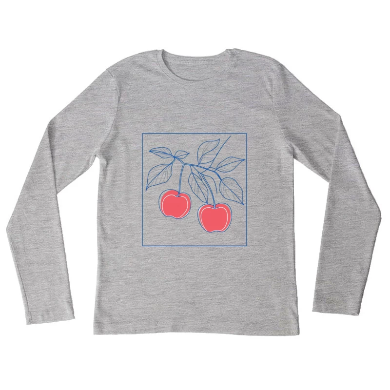 Simple Blue Line Drawing of Red Cherries on Branch Female Long Sleeve T-Shirt