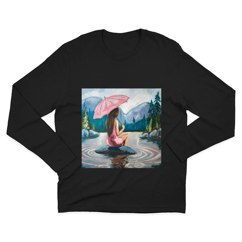 Serene Lake View: Woman with Pink Umbrella Amidst Mountains Male Long Sleeve T-Shirt