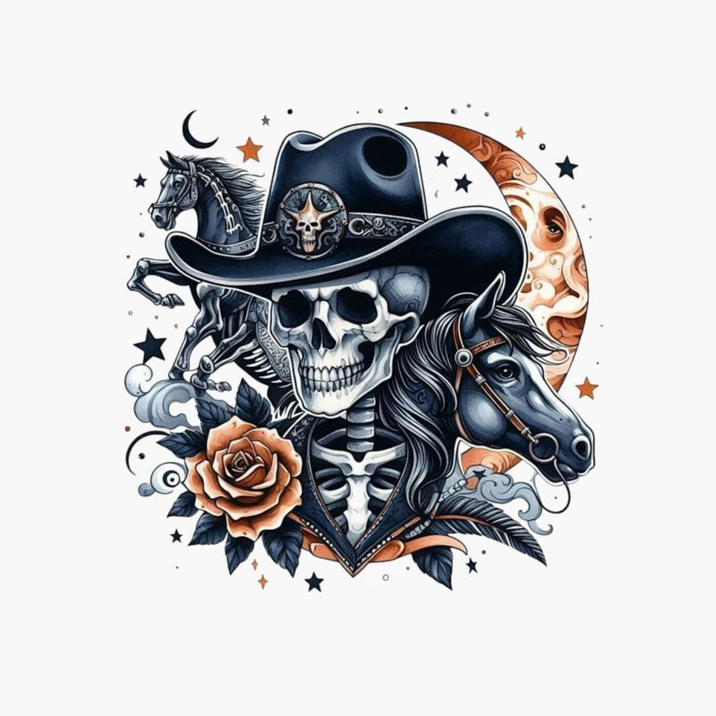 Skeleton Cowboy with Horses and Floral Elements Cotton Tote Bag