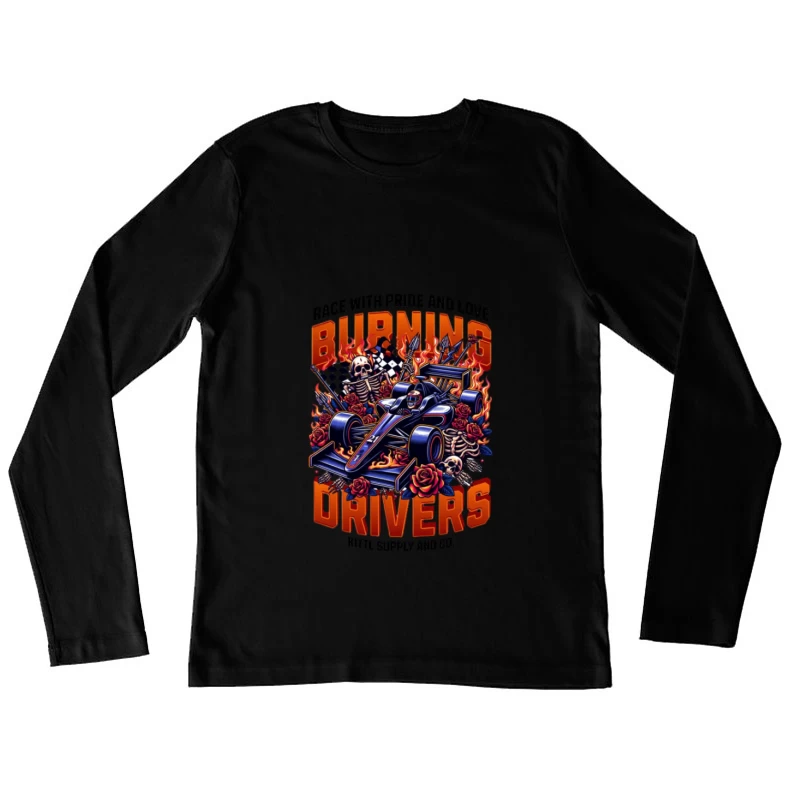 Pilotes en feu avec squelettes et roses Femme Manches Longues T-Shirt