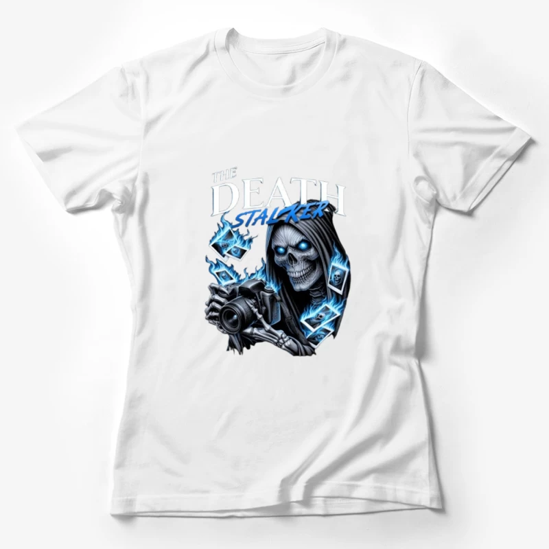 The Death Stalker: Skeletal Photographer with Blue Flames Female T-Shirt