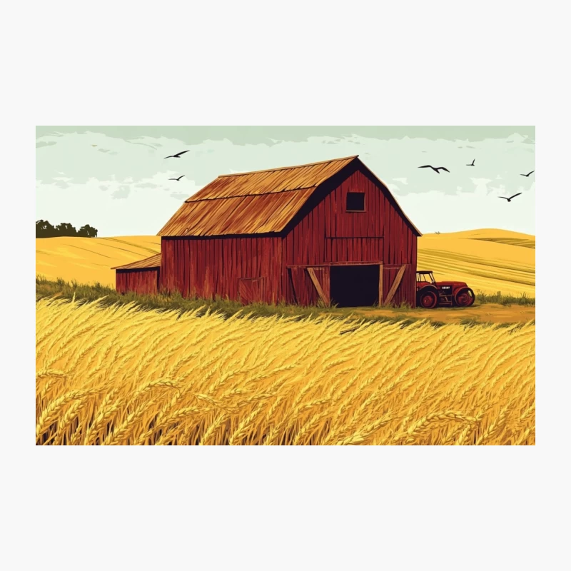 Rustic Red Barn in Golden Wheat Field: Pastoral Farm Scene Travel Mug
