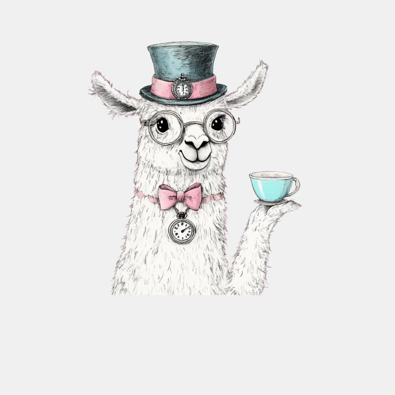 Whimsical Illustrated Llama in Top Hat and Glasses Holding Teacup Male Tank Top
