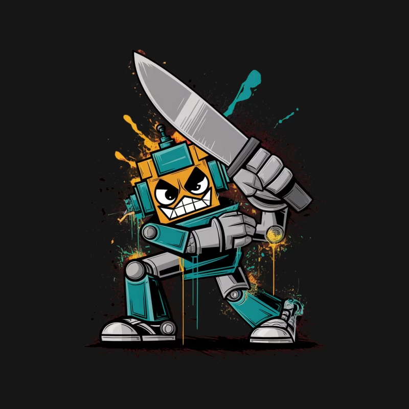 Angry Robot Mascot with Knife in Graffiti Style Digital Art Female Long Sleeve T-Shirt