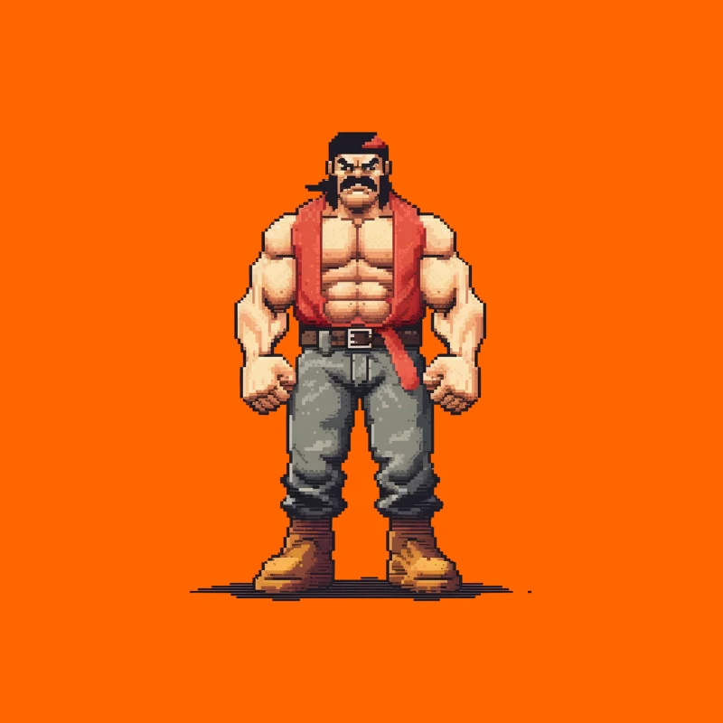 Retro Pixel Art Muscular Fighter in Red Vest Tapestry