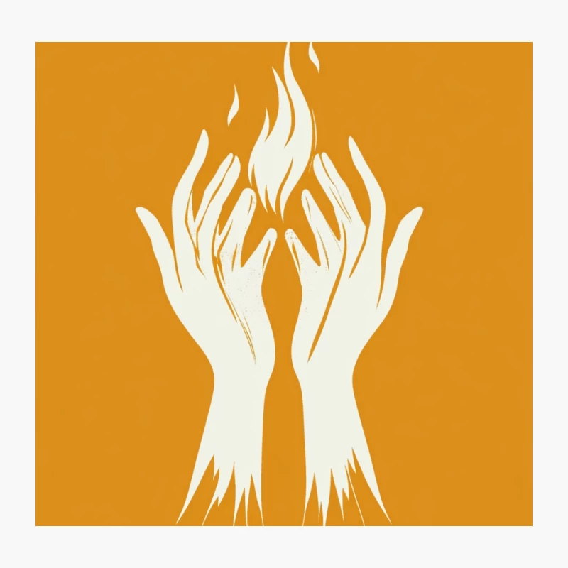 Symbolic Hands Embracing Flame: Minimalist Illustration on Orange Throw Pillow