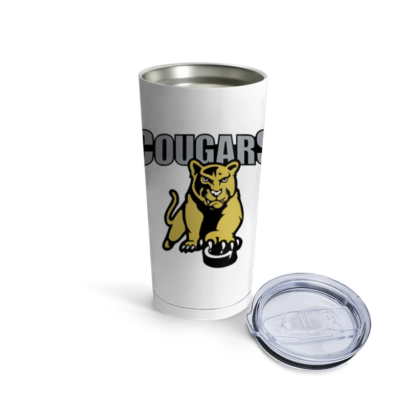 Fierce Yellow Cougar Sports Team Logo with Gray Text Travel Mug