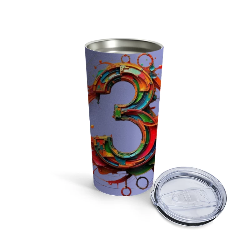 Vibrant 3D Number Three with Abstract Geometric Design Travel Mug