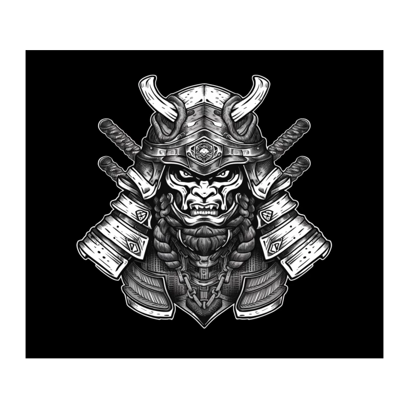 samurai warrior helmet armor sword Japanese illustration black and white Tapestry