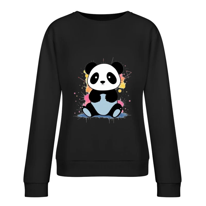 Adorable Cartoon Panda with Watercolor Splash Background Female Pullover Sweatshirt