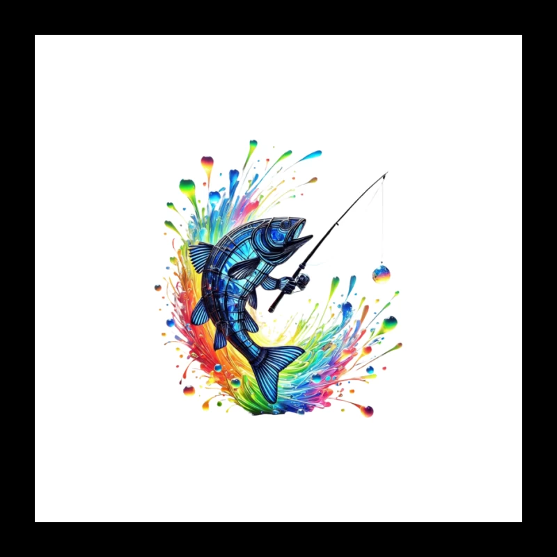 Rainbow Splatter Fish with Fishing Rod Art Pin