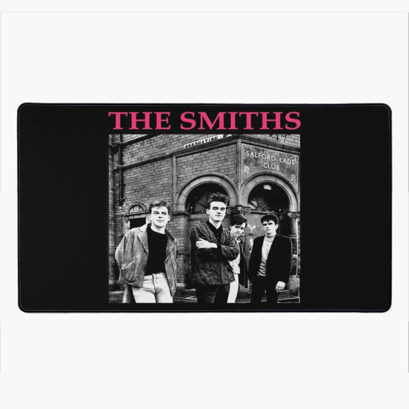 The Smiths Band Outside Historic Salford Lads Club - Iconic Black and White Photograph Desk Mat