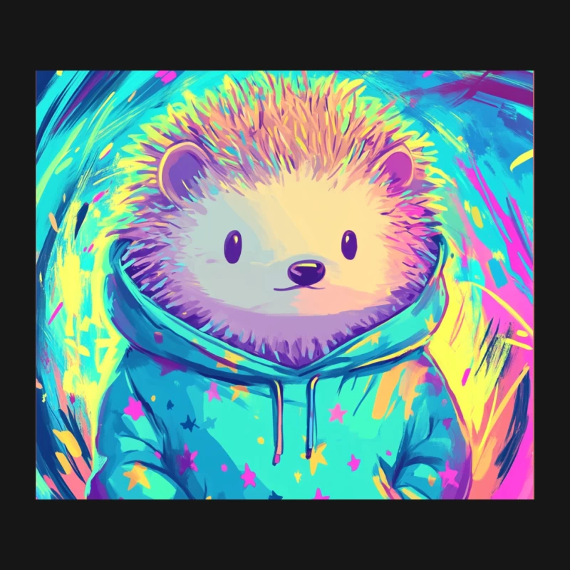 Cute Hedgehog in Star-Patterned Hoodie with Neon Colors Digital Art Mouse Pad