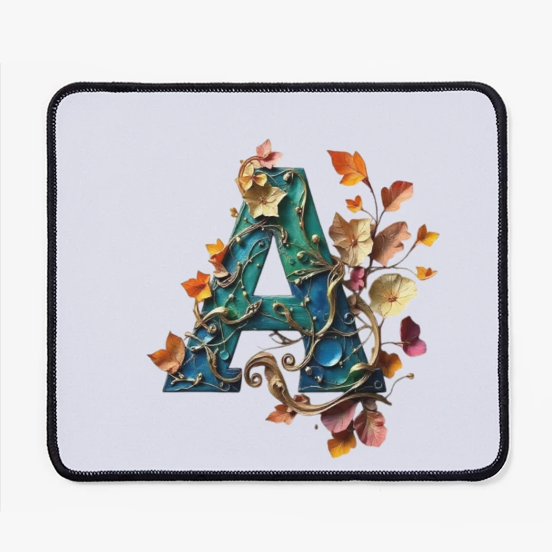 Ornate Teal Letter A with Autumn Floral Embellishments Mouse Pad