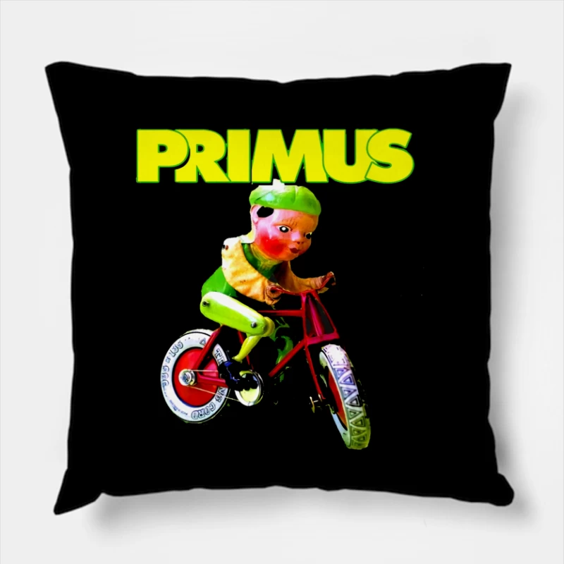 Primus Band Logo with Surreal Vintage Toy Bicycle Art Throw Pillow