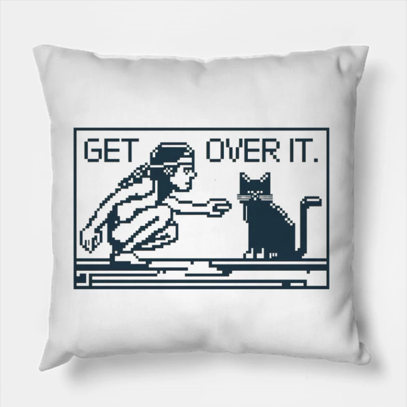 Retro Pixel Art: Cat and Figure with "Get Over It" Message Throw Pillow