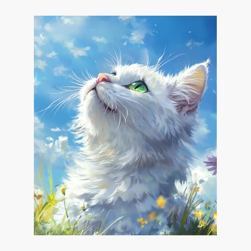 Dreamy White Cat in Floral Meadow Under Blue Sky Cotton Tote Bag
