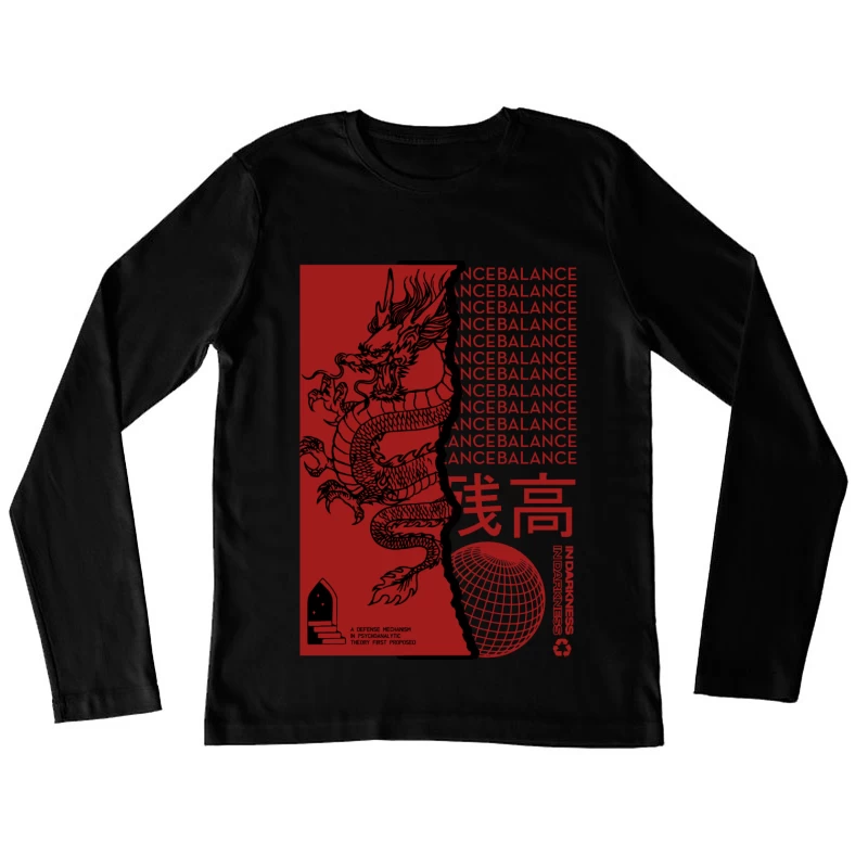 Drachen-Design mit textuellen Elementen Damen Langarm T-Shirt