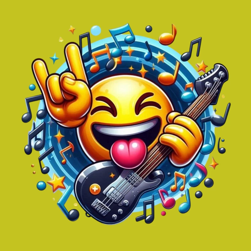 Rocking Smiley Emoji with Guitar and Music Notes Throw Pillow