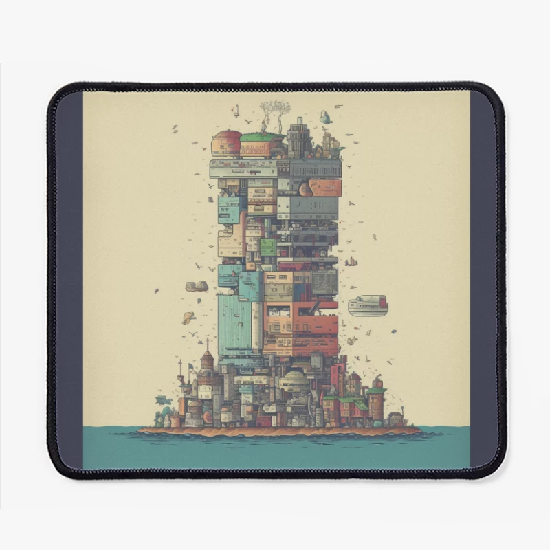 Retro-Futuristic Vertical City Island Mouse Pad