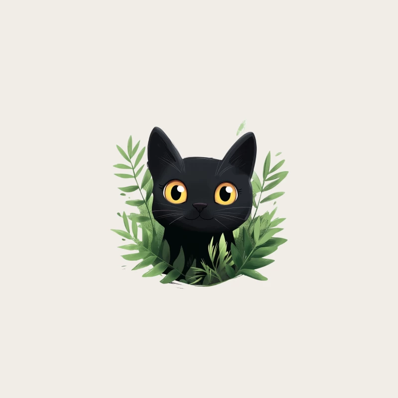 Adorable Black Cat Peering Through Green Leaves in Cartoon Style Bucket Hat