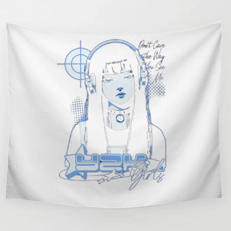 Blue Monochrome Gothic Anime Girl with Headphones Tapestry