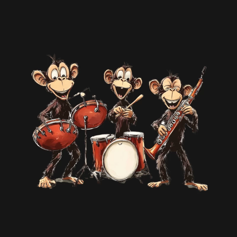 cartoon monkeys musical instruments drum set clarinet band illustration humor Mouse Pad