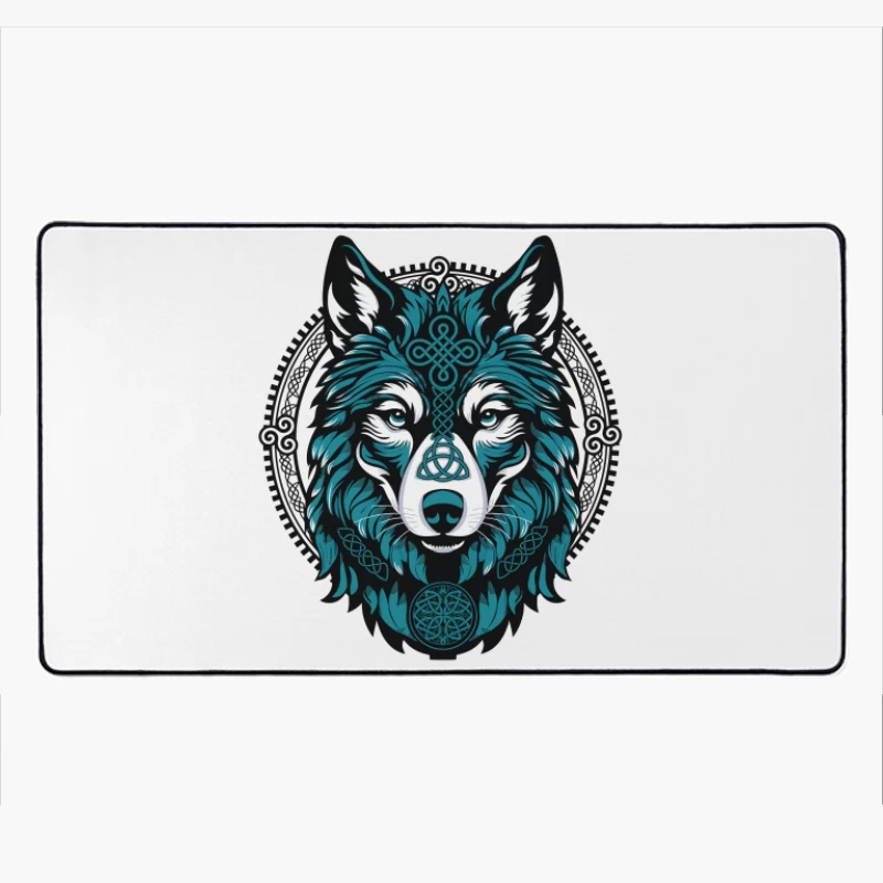 Majestic Celtic Wolf – Teal Knotwork Design Desk Mat