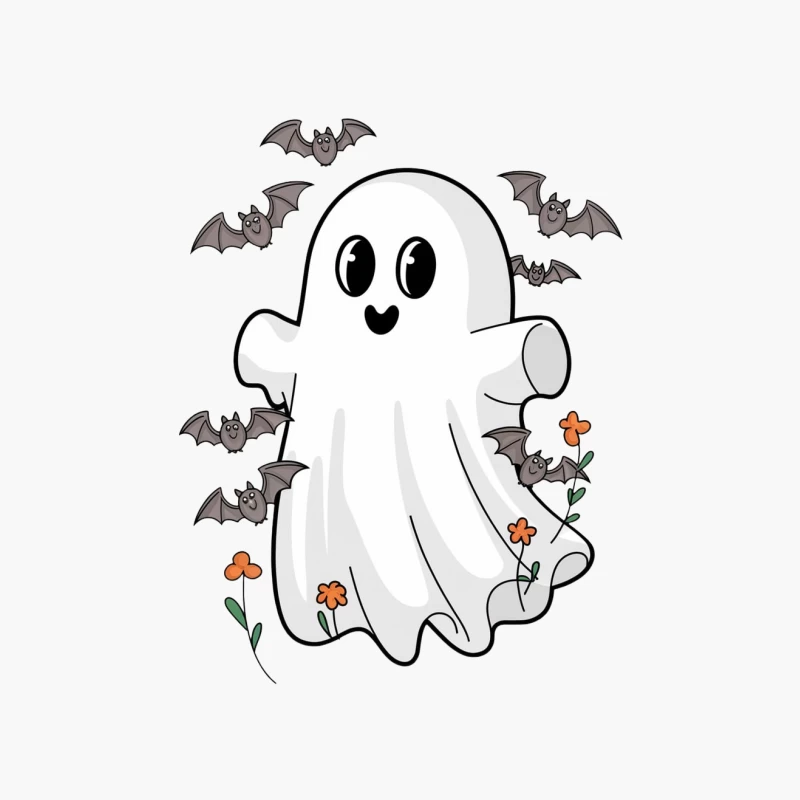 Cute Halloween Ghost with Bats and Flowers Cartoon Illustration Cotton Tote Bag
